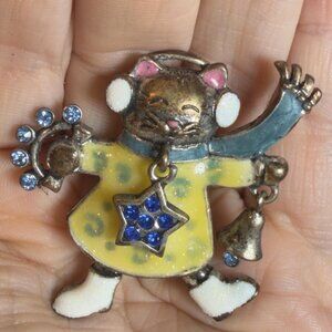 Cat Brooch Bell Star Dangle Enamel Kitty Pin Novelty Cat Jewelry 2”
